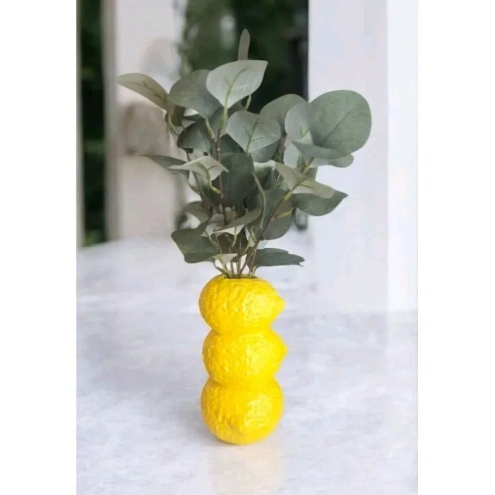 New Yellow Zesty Staked Lemons Vase W/ Artifi / Fake Plant Room Home Decor